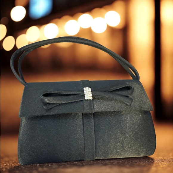 Handbags - Elegant Black Evening Bag with Bow Accent